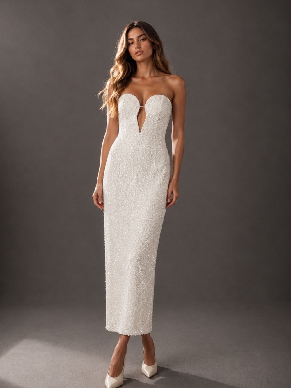 Strapless Sequin Midi Dress Zip Back